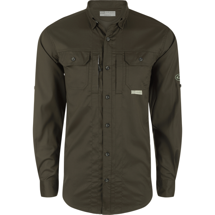 Wingshooter's Trey Dobby Button-Down Long Sleeve Shirt showcasing vented cape back, two button-through chest pockets, and adjustable cuffs for versatile hunting and outdoor performance.