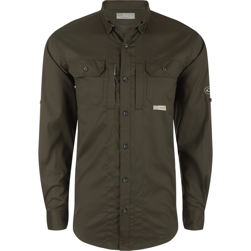 Wingshooter's Trey Dobby Button-Down Long Sleeve Shirt showcasing vented cape back, two button-through chest pockets, and adjustable cuffs for versatile hunting and outdoor performance.