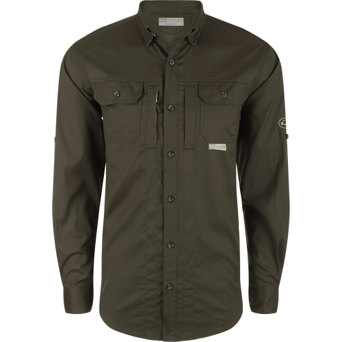 Wingshooter's Trey Dobby Button-Down Long Sleeve Shirt showcasing vented cape back, two button-through chest pockets, and adjustable cuffs for versatile hunting and outdoor performance.