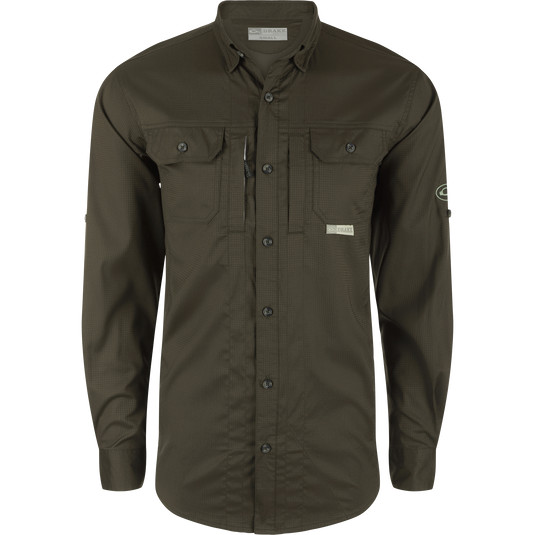 Wingshooter's Trey Dobby Button-Down Long Sleeve Shirt showcasing vented cape back, two button-through chest pockets, and adjustable cuffs for versatile hunting and outdoor performance.