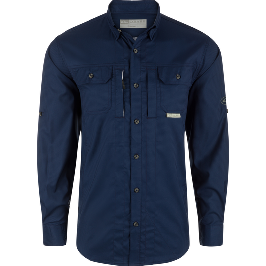 Wingshooter's Trey Dobby Button-Down Long Sleeve Shirt with vented back, button-through flap pockets, and adjustable sleeves, designed for performance and comfort.