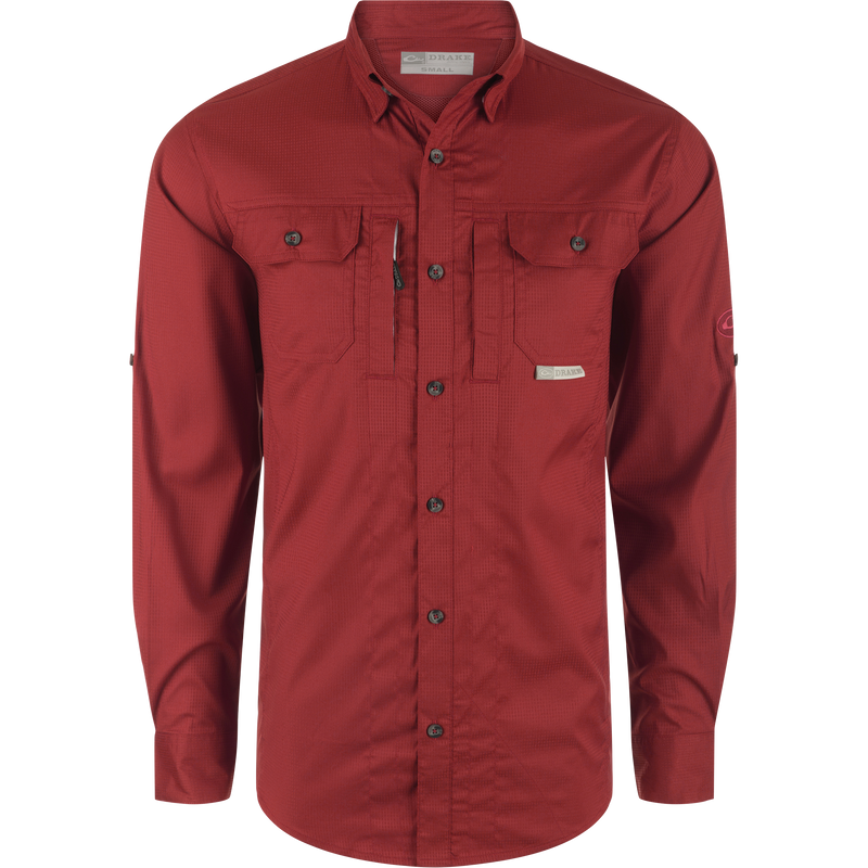 Close-up of the Wingshooter's Trey Dobby Button-Down Long Sleeve Shirt, highlighting its textured fabric, hidden button-down collar, and vented back, suitable for performance and casual wear.