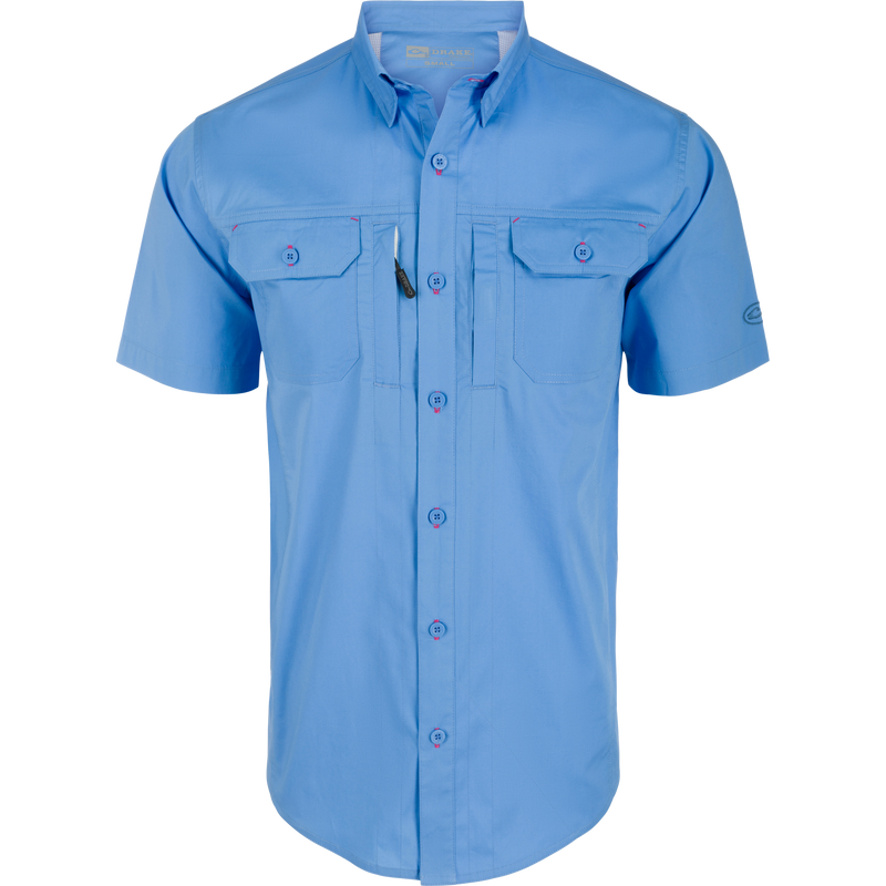 Wingshooter Trey Solid Short Sleeve Shirt featuring a button-down collar, vented back, and chest pockets, designed for comfort and ease of movement.