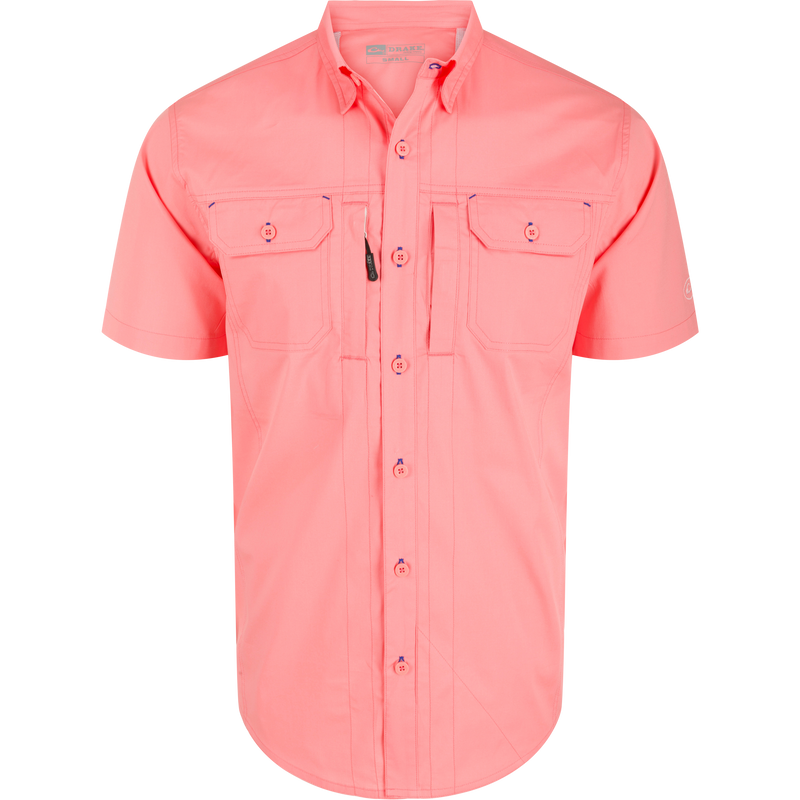 Wingshooter Trey Solid Short Sleeve Shirt featuring a hidden button-down collar, vented cape back, and two flap chest pockets, ideal for versatile outdoor activities.