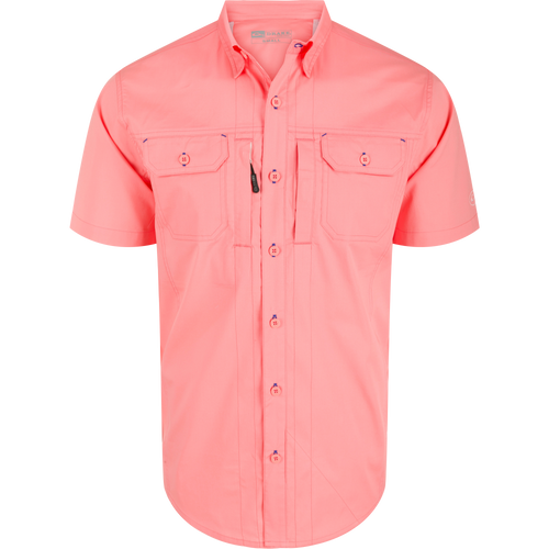 Wingshooter Trey Solid Short Sleeve Shirt featuring a hidden button-down collar, vented cape back, and two flap chest pockets, ideal for versatile outdoor activities.