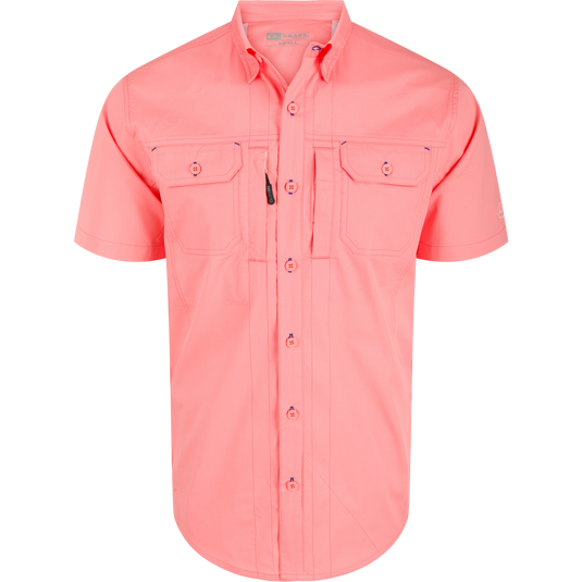 Wingshooter Trey Solid Short Sleeve Shirt featuring a hidden button-down collar, vented cape back, and two flap chest pockets, ideal for versatile outdoor activities.