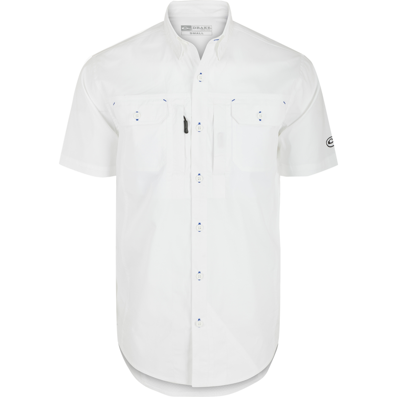 Wingshooter Trey Solid Short Sleeve Shirt featuring a button-down collar, two flap chest pockets, and a vented back, designed for comfort and ease of movement.