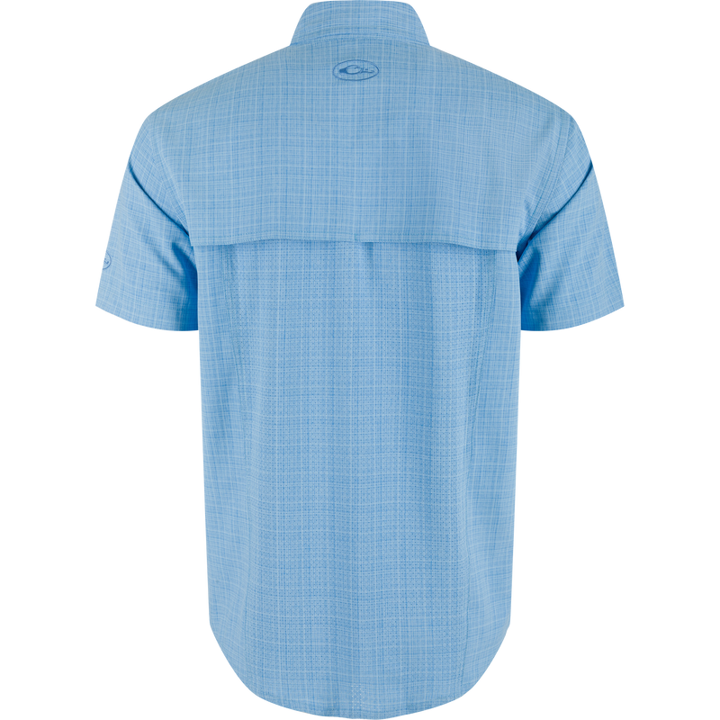 Wingshooter Trey Cross Hatch Short Sleeve Shirt featuring vented cape back, button-through pockets, and hidden zippered pocket, designed for performance with moisture-wicking and UPF 30 protection.