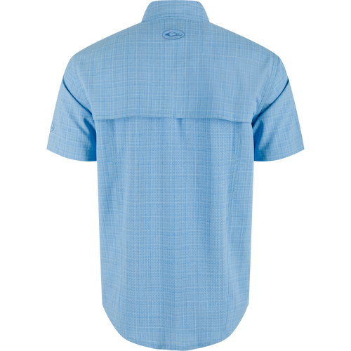 Wingshooter Trey Cross Hatch Short Sleeve Shirt featuring vented cape back, button-through pockets, and hidden zippered pocket, designed for performance with moisture-wicking and UPF 30 protection.