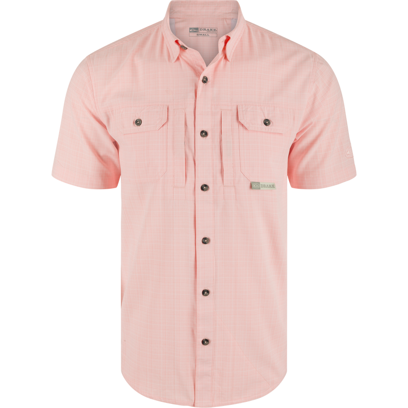 Wingshooter Trey Cross Hatch Short Sleeve Shirt, featuring a button-up design, hidden button-down collar, and vented cape back, ideal for performance and comfort.