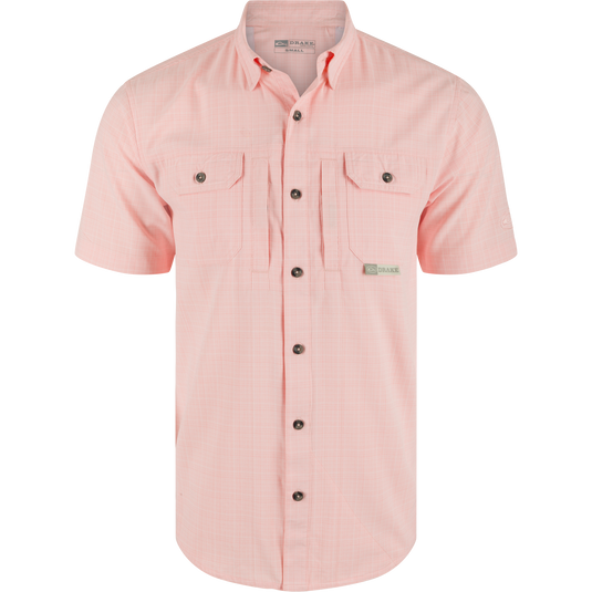 Wingshooter Trey Cross Hatch Short Sleeve Shirt, featuring a button-up design, hidden button-down collar, and vented cape back, ideal for performance and comfort.
