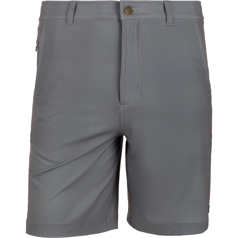 Grayson Creek Short, solid gray, features belt loops, front button, side pockets, and a side-adjusting elastic waistband, ideal for versatile casual wear.