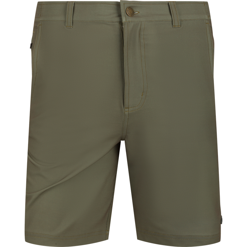 Grayson Creek Short, olive-green above-the-knee shorts with belt loops, zip fly, side pockets, elastic waistband, and back welt pockets, perfect for versatile outdoor adventures.