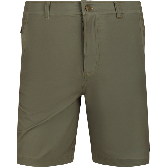 Grayson Creek Short, olive-green above-the-knee shorts with belt loops, zip fly, side pockets, elastic waistband, and back welt pockets, perfect for versatile outdoor adventures.