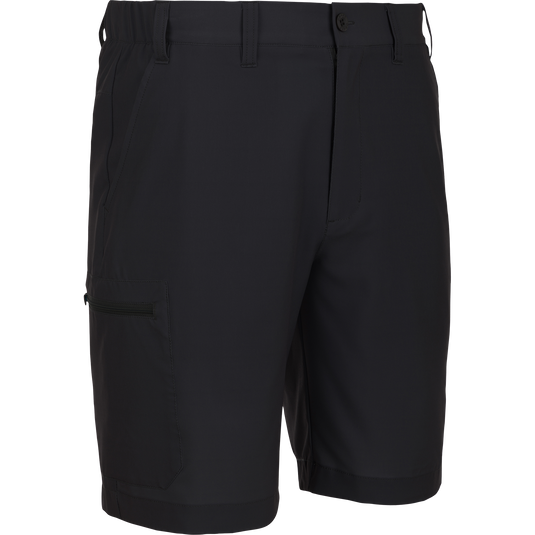 Traveler Trek Short in black, featuring a zip fly, elastic waist, belt loops, side pockets, and a zippered cargo pocket, ideal for active and outdoor pursuits.