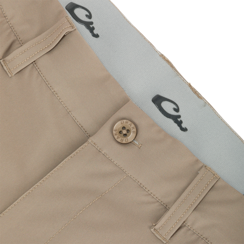 Close-up of Traveler Trek Short button and fabric details.