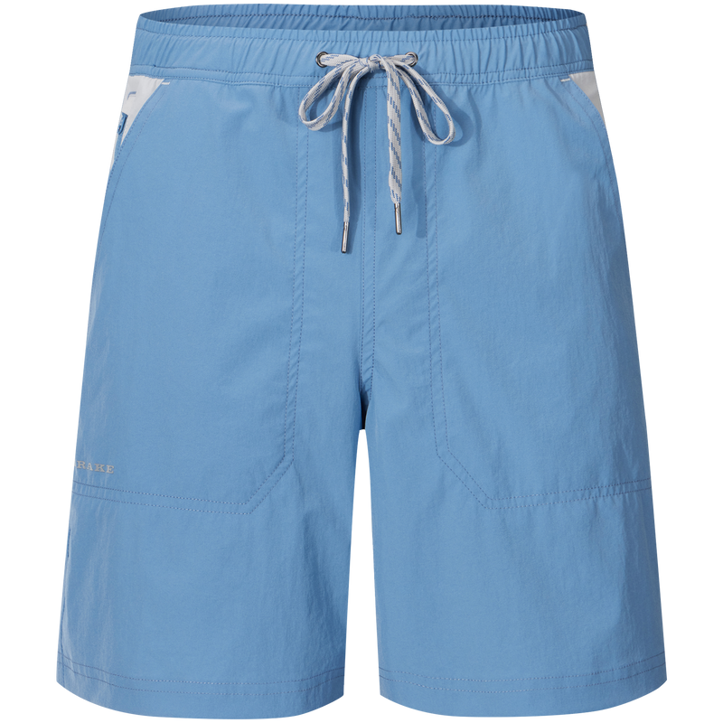 Light-blue Spring Brake Short with elastic waistband, white-and-blue drawstring, side pockets, and zippered pocket. Versatile for beach, gym, and outdoor activities.