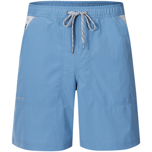 Light-blue Spring Brake Short with elastic waistband, white-and-blue drawstring, side pockets, and zippered pocket. Versatile for beach, gym, and outdoor activities.