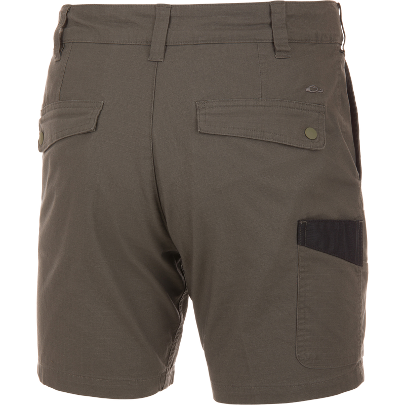 Back view of Drake 9 Pocket Ripstop Short featuring flap seat pockets, thigh patch pocket, and belt loops. Ideal for outdoor adventures with multiple functional pockets.