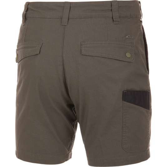 Back view of Drake 9 Pocket Ripstop Short featuring flap seat pockets, thigh patch pocket, and belt loops. Ideal for outdoor adventures with multiple functional pockets.