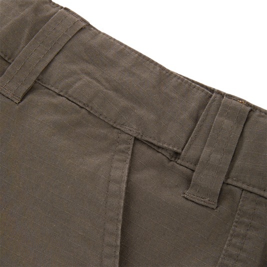 Close-up of the 9 Pocket Ripstop Short's waistband, showcasing belt loops and stitching. Designed for adventure with ripstop fabric and nine pockets for versatility.