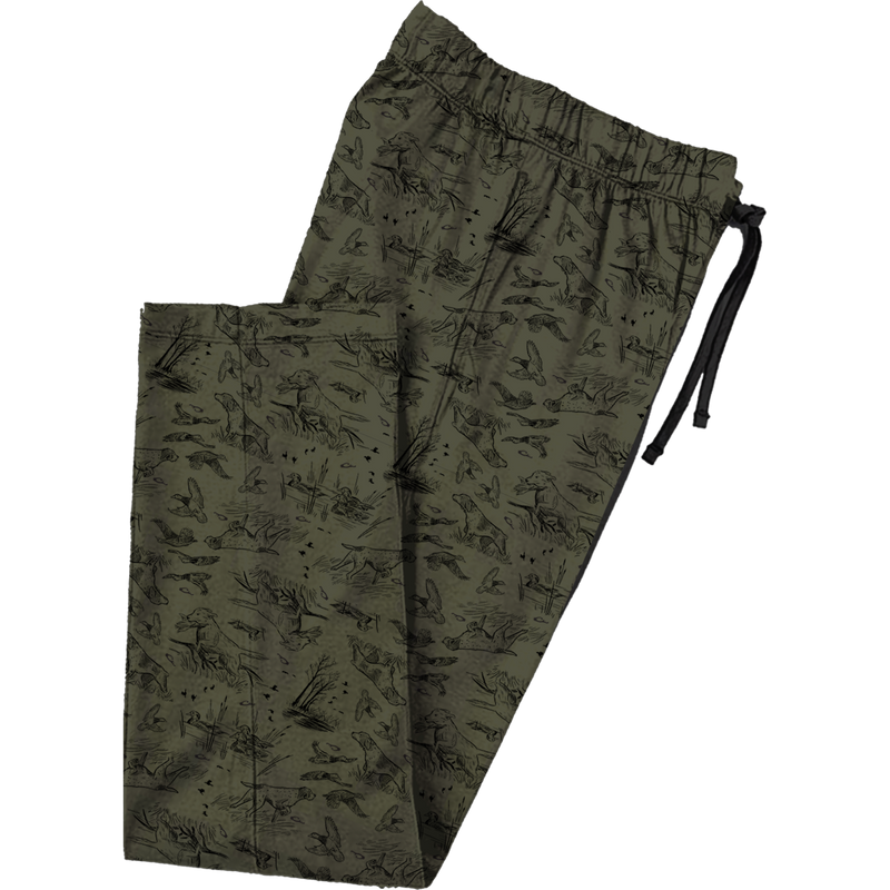 Drake Lounge Pant with adjustable drawstring waist, showcasing a soft polyester fabric and two side entry pockets, available in camo and duck scene prints.