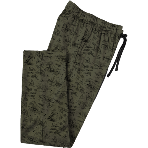Drake Lounge Pant with adjustable drawstring waist, showcasing a soft polyester fabric and two side entry pockets, available in camo and duck scene prints.