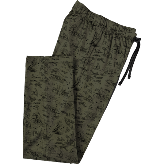 Drake Lounge Pant with adjustable drawstring waist, showcasing a soft polyester fabric and two side entry pockets, available in camo and duck scene prints.