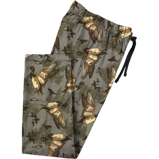 Drake Lounge Pant in camo pattern, featuring soft 100% polyester fabric, adjustable drawstring waist, and two side entry pockets, ideal for casual comfort.