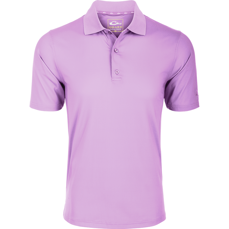Performance Stretch Polo S/S with 3-button placket, rib knit collar, and open sleeves, designed for comfort with 4-way stretch and moisture-wicking fabric.