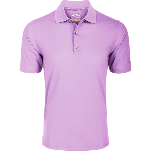 Performance Stretch Polo S/S with 3-button placket, rib knit collar, and open sleeves, designed for comfort with 4-way stretch and moisture-wicking fabric.