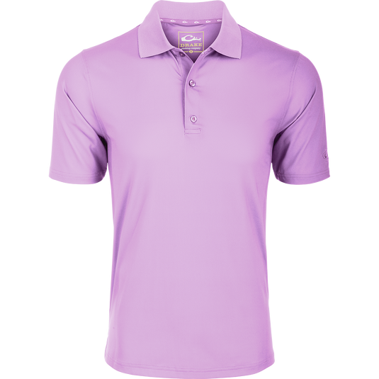 Performance Stretch Polo S/S with 3-button placket, rib knit collar, and open sleeves, designed for comfort with 4-way stretch and moisture-wicking fabric.