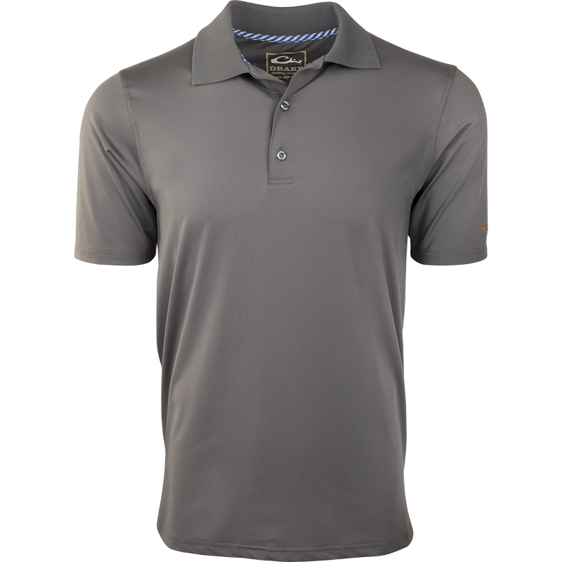 Drake Performance Stretch Polo S/S in medium-gray, featuring a classic collar, short sleeves, and a three-button placket, ideal for versatile comfort and style.