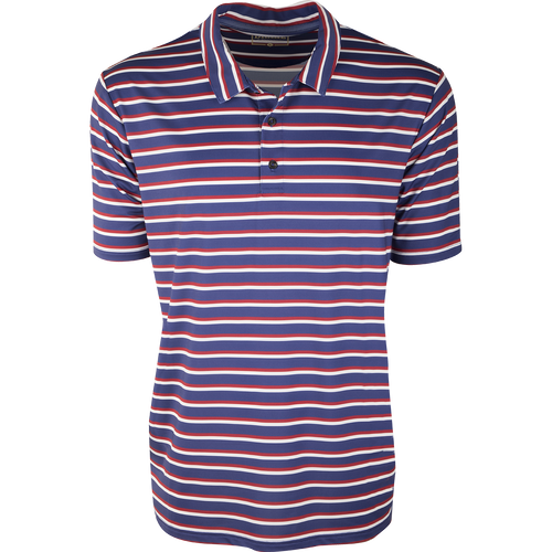 A Performance Striped Polo shirt with four-way stretch and moisture-wicking technology. Perfect for summer activities on and off the golf course. Made of 92% polyester and 8% spandex. Final sale.