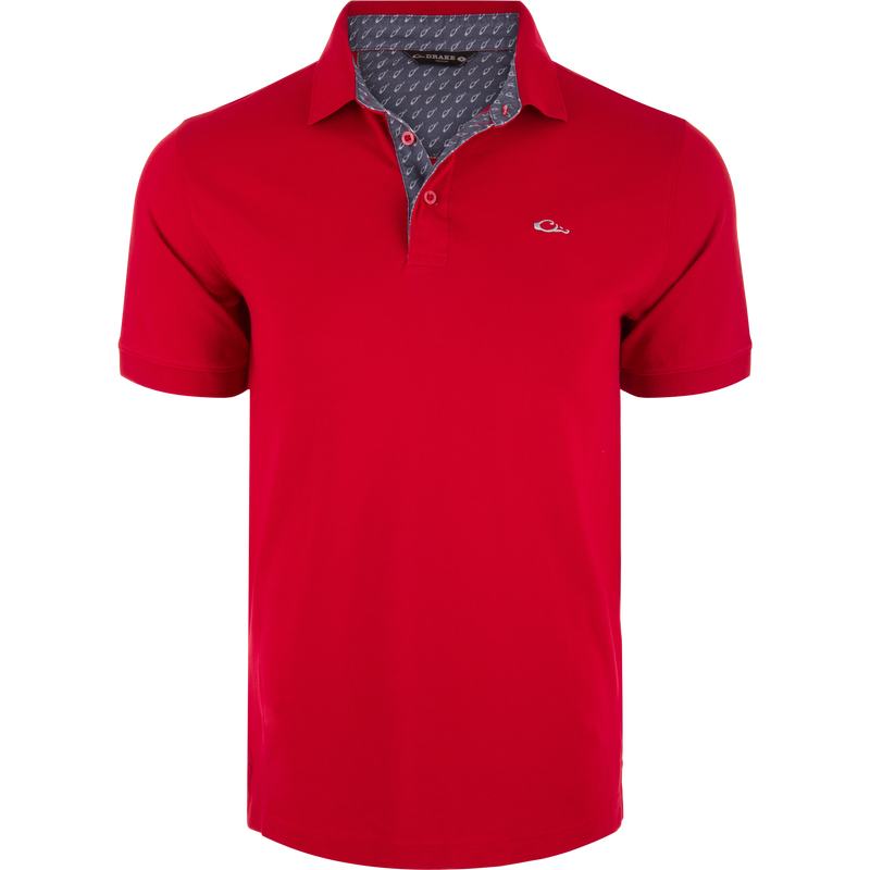 Pique Logo Polo featuring stretch fabric, rib knit collar, and embroidered Drake duck logo on chest; ideal for versatile, casual wear.