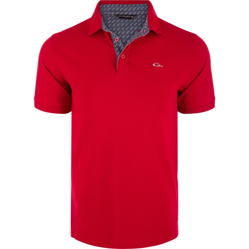 Pique Logo Polo featuring stretch fabric, rib knit collar, and embroidered Drake duck logo on chest; ideal for versatile, casual wear.