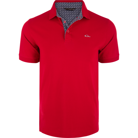 Pique Logo Polo featuring stretch fabric, rib knit collar, and embroidered Drake duck logo on chest; ideal for versatile, casual wear.