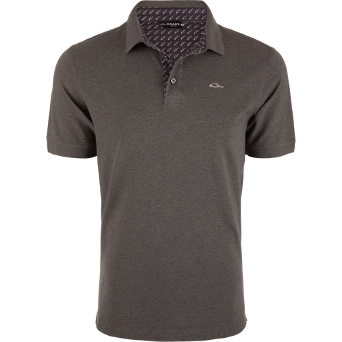 Grey Drake Pique Logo Polo featuring a three-button placket, rib knit collar, and embroidered duck head logo on the chest, showcasing classic and modern styling.