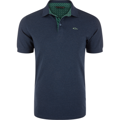 Pique Logo Polo featuring a green collar, three-button placket, rib knit collar and cuffs, and embroidered Drake duck head logo, highlighting modern performance and classic style.