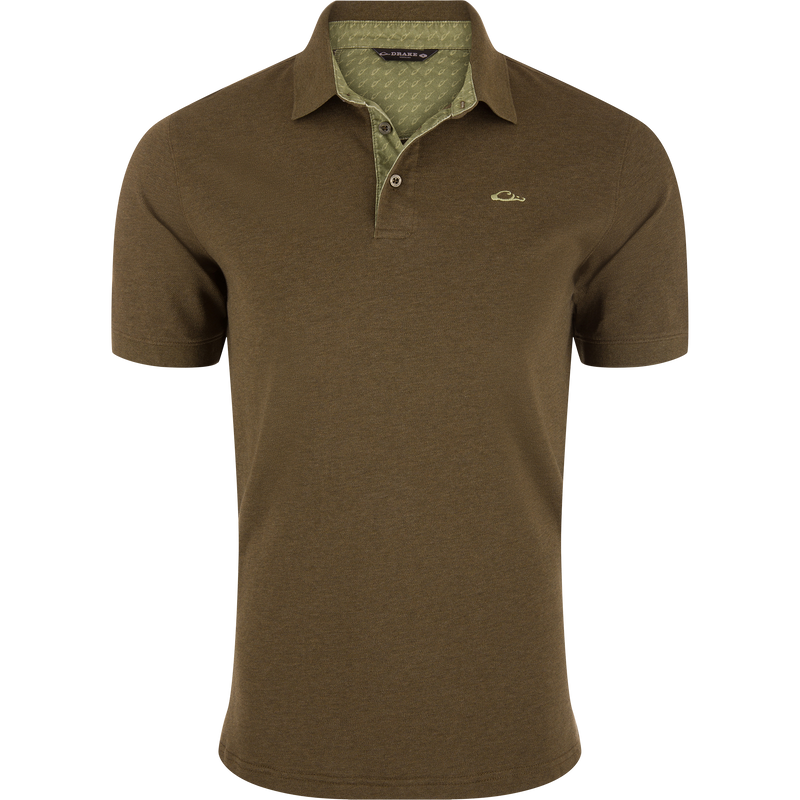 Pique Logo Polo with embroidered duck logo, featuring a three-button placket, rib knit collar, and built-in stretch for modernized performance.