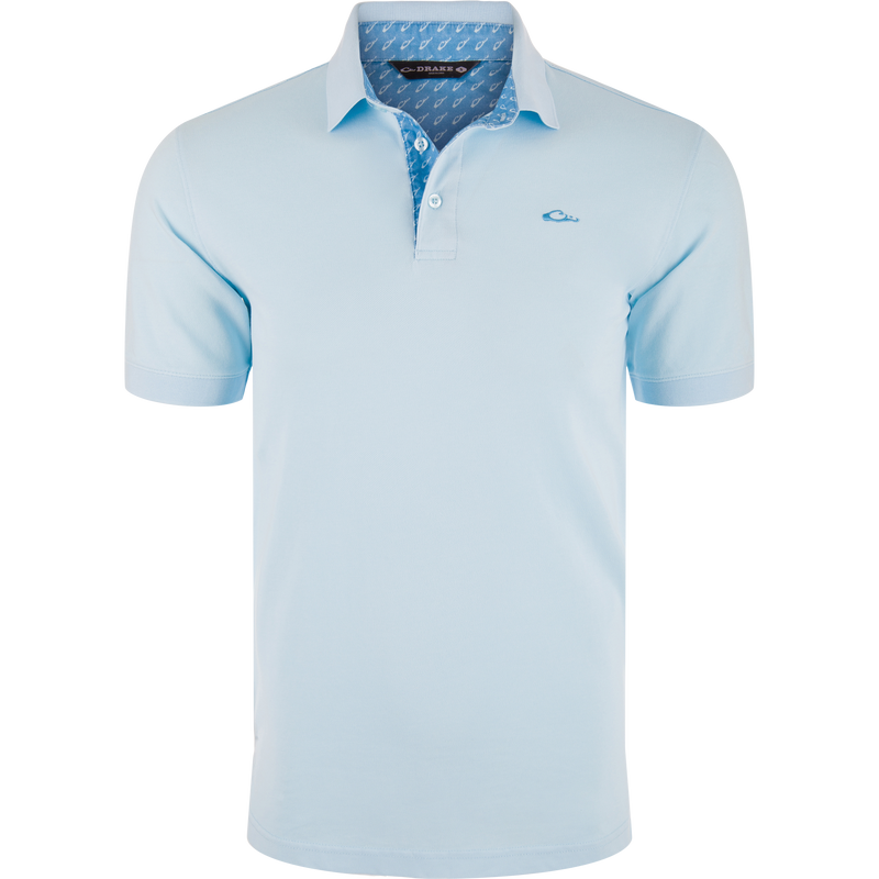 Pique Logo Polo featuring a blue and white patterned collar, three-button placket, and embroidered Drake duck head logo.