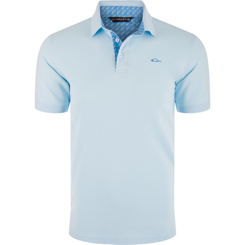 Pique Logo Polo featuring a blue and white patterned collar, three-button placket, and embroidered Drake duck head logo.