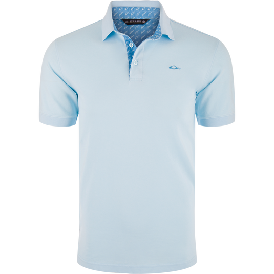 Pique Logo Polo featuring a blue and white patterned collar, three-button placket, and embroidered Drake duck head logo.