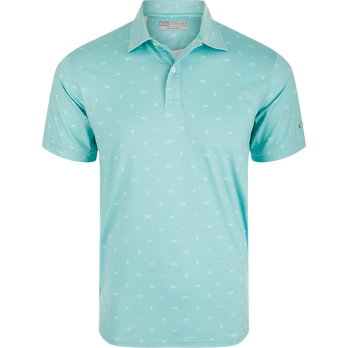 Men’s short-sleeve Performance Print Polo Shirt with a fold-over collar, featuring a Drake, Duck, Dog print, two-button placket, and open sleeve cuffs.