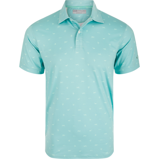 Men’s short-sleeve Performance Print Polo Shirt with a fold-over collar, featuring a Drake, Duck, Dog print, two-button placket, and open sleeve cuffs.