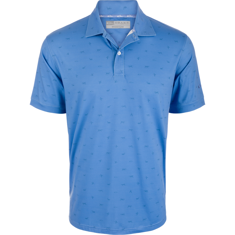 Performance Print Polo Shirt featuring Drake, Duck, Dog print, three-button placket, self-fabric collar, open sleeve cuffs, and split tail hem, ideal for activewear.