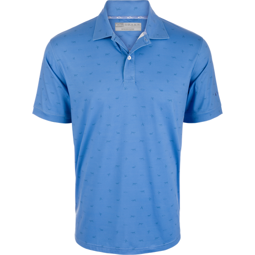 Performance Print Polo Shirt featuring Drake, Duck, Dog print, three-button placket, self-fabric collar, open sleeve cuffs, and split tail hem, ideal for activewear.