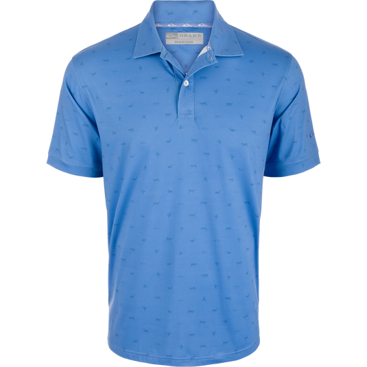 Performance Print Polo Shirt featuring Drake, Duck, Dog print, three-button placket, self-fabric collar, open sleeve cuffs, and split tail hem, ideal for activewear.