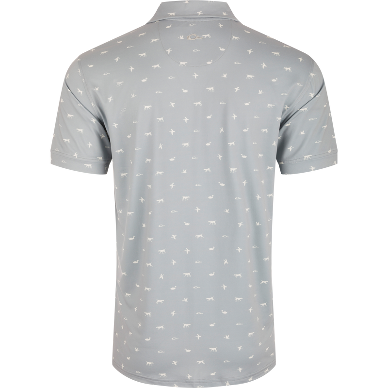 Back view of the Drake Performance Print Polo Shirt featuring white animal prints, three-button placket, self-fabric collar, and open sleeve cuffs.