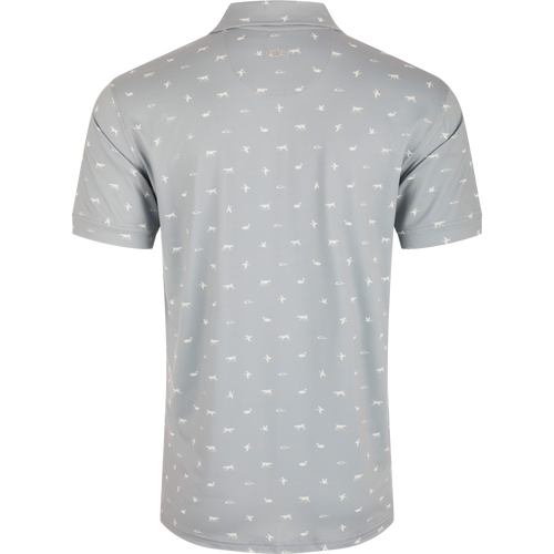 Back view of the Drake Performance Print Polo Shirt featuring white animal prints, three-button placket, self-fabric collar, and open sleeve cuffs.